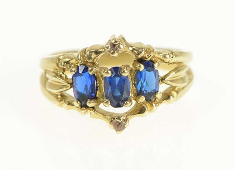 14K Yellow Gold Ornate Syn. Sapphire Diamond Statement Ring