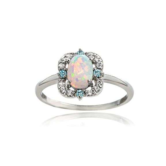 Created Opal with Blue & White Topaz Ring in Sterling Silver