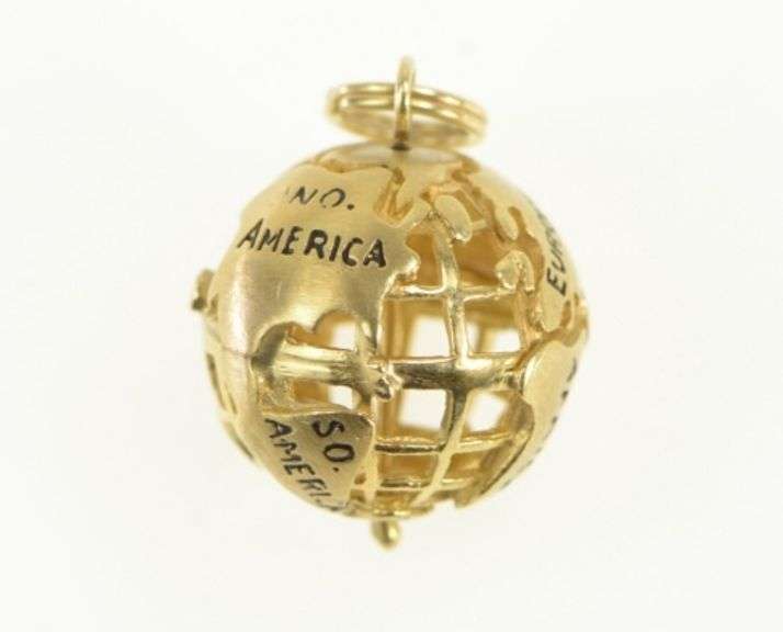 14K Yellow Gold 3D Ornate Hollow Globe World Map Travel Charm/Pendant