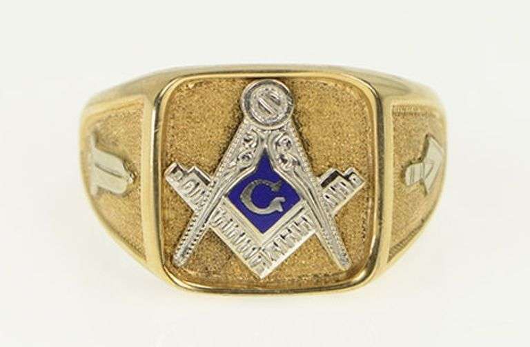 10K Yellow Gold Art Deco Men's Compass Square Masonic Ring