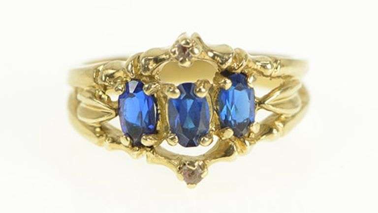 14K Yellow Gold Ornate Syn. Sapphire Diamond Statement Ring