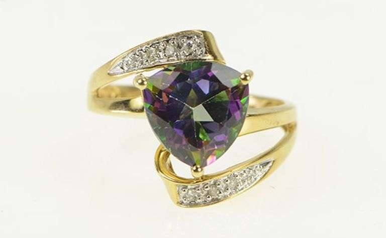10K Yellow Gold Trillion Mystic Topaz Diamond Statement Ring