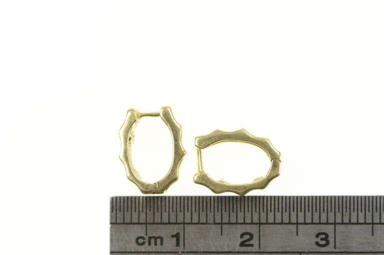 10K Yellow Gold Retro Oval Diamond Squared Huggies Hoop Earrings