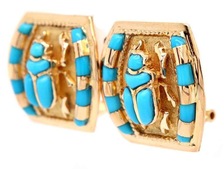 Turquoise Accent Scarab Earrings in 18K