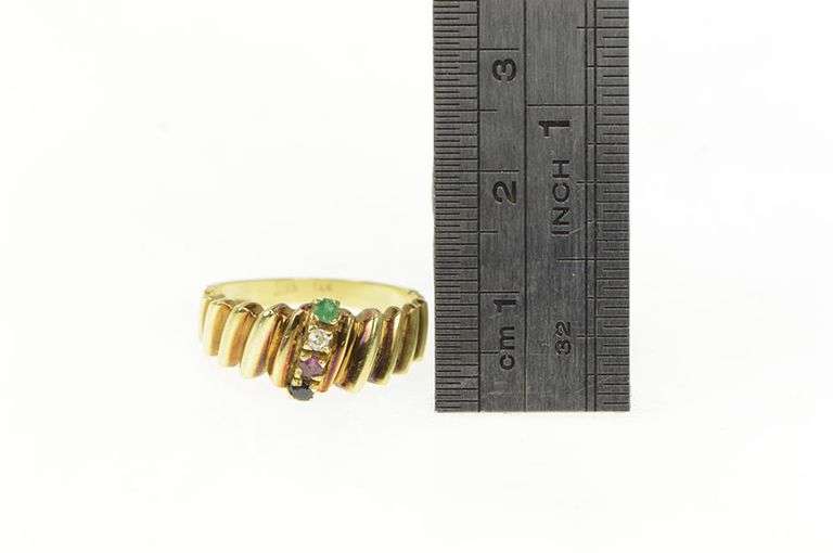 14K Yellow Gold Grooved Diamond Emerald Ruby Vintage Ring
