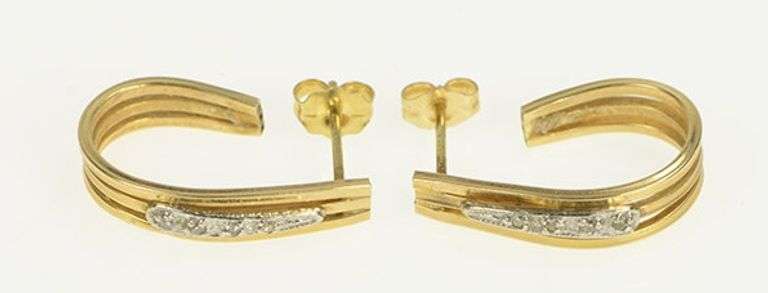 14K Yellow Gold Ornate Diamond Oval Semi Hoop Vintage Earrings