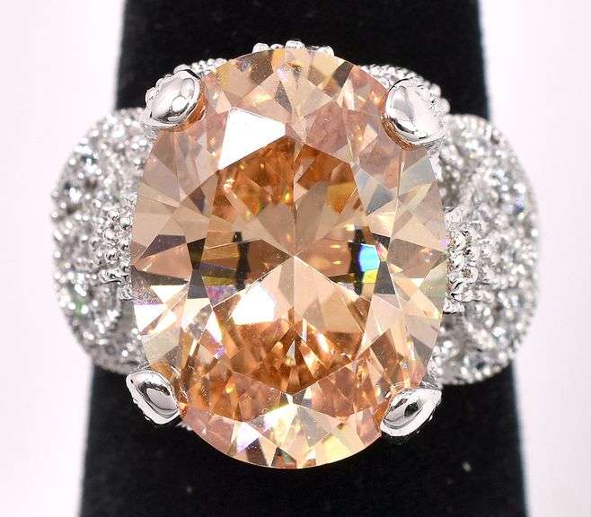 Large Orange CZ Ring In Sterling Silver