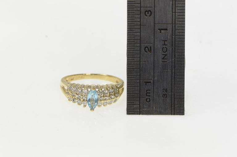 14K Yellow Gold Marquise Blue Topaz Diamond Cluster Band Ring