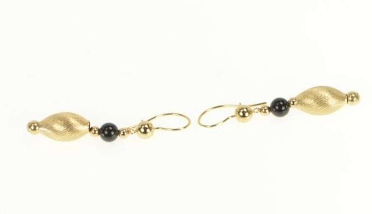 14K Yellow Gold Black Onyx Round Black Dangle Vintage Earrings