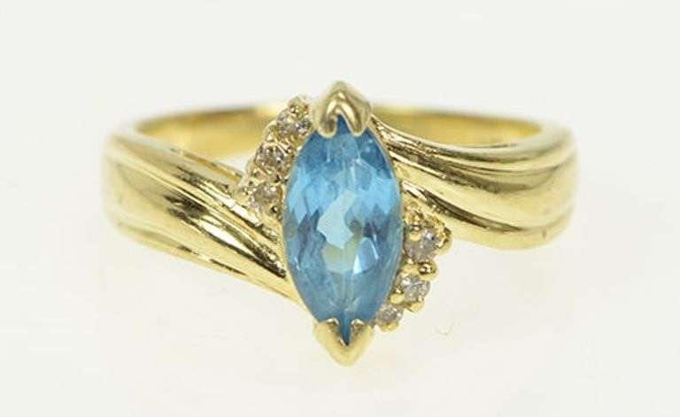 14K Yellow Gold Marquise Blue Topaz Diamond Cluster Accent Ring