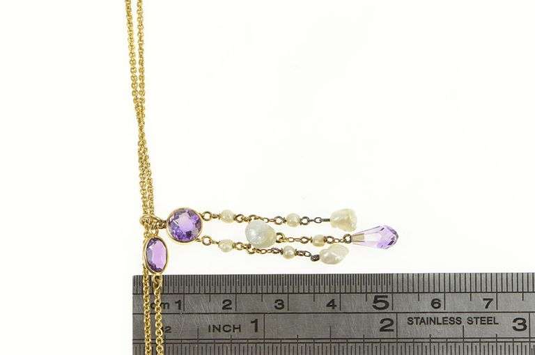 14K Yellow Gold Amethyst Pearl Fringe By The Yard Chain Necklace