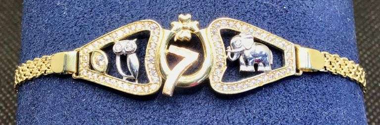 UNIQUE ANIMAL OWL AND ELEPHANT 14K YELLOW GOLD BRACELET