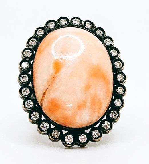 Large Coral & Diamond Ring, 18KT