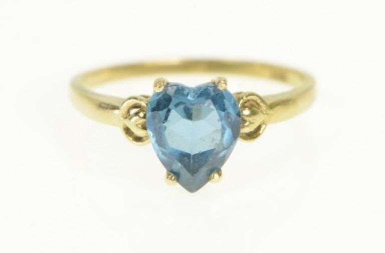 14K Yellow Gold Heart Blue Topaz Victorian Love Symbol Classic Ring