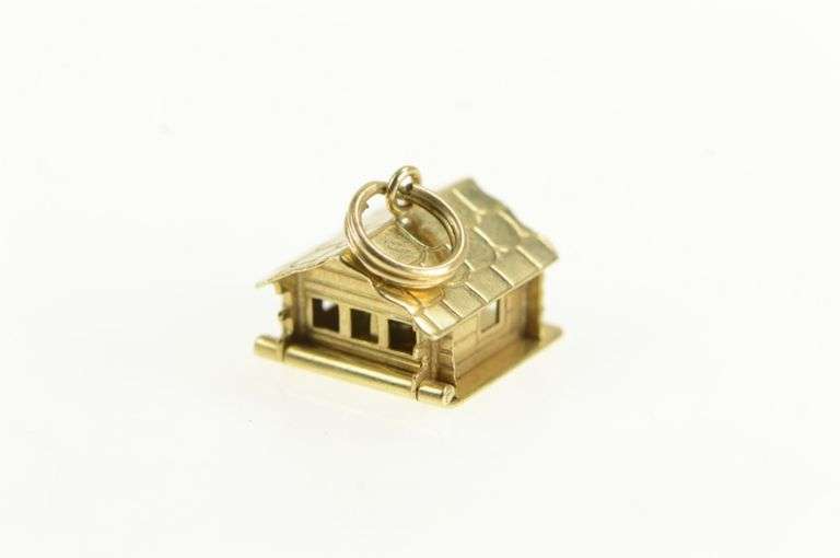 14K Yellow Gold 3D Articulated Log Cabin Home Cauldron Charm/Pendant