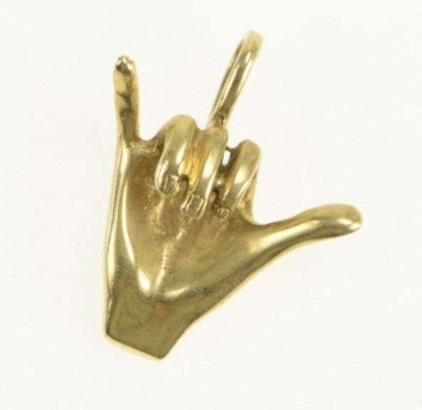 14K Yellow Gold Shaka Sign Aloha Hang Loose Hand Gesture Charm/Pendant