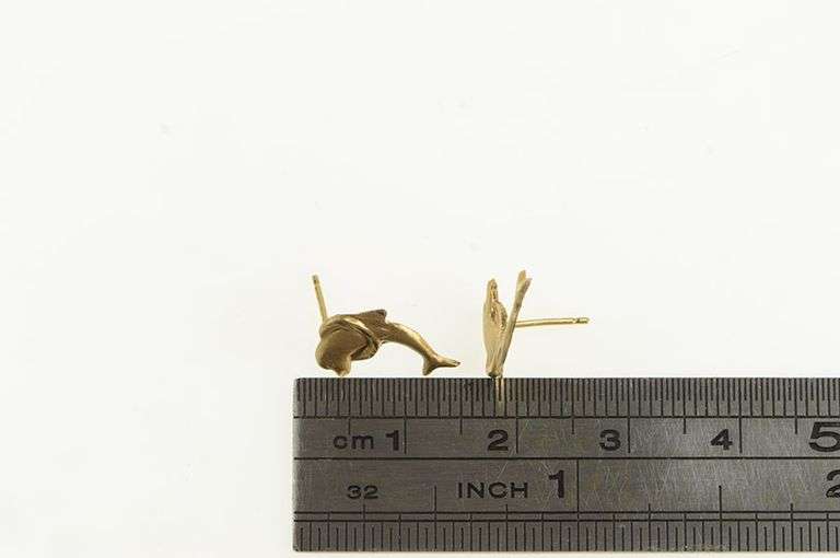 14K Yellow Gold High Relief Dolphin Jumping Through Hoop Stud Earrings