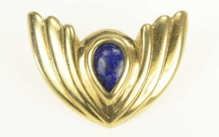 14K Yellow Gold Pear Lapis Lazuli Cabochon Scalloped Pendant