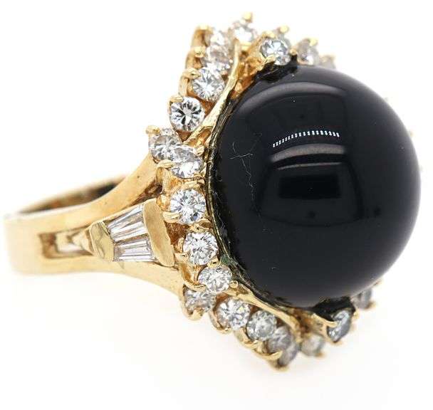 Black Onyx and 1.00ctw Baguette and Round Diamond Frame Ring in 18K