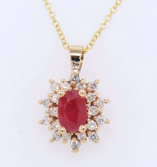 Handsome Yellow Gold oval Ruby and Diamond Pendant on Chain