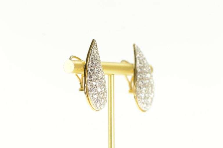 14K Yellow Gold Paisley Pave CZ Encrusted Tear French Clip Earrings