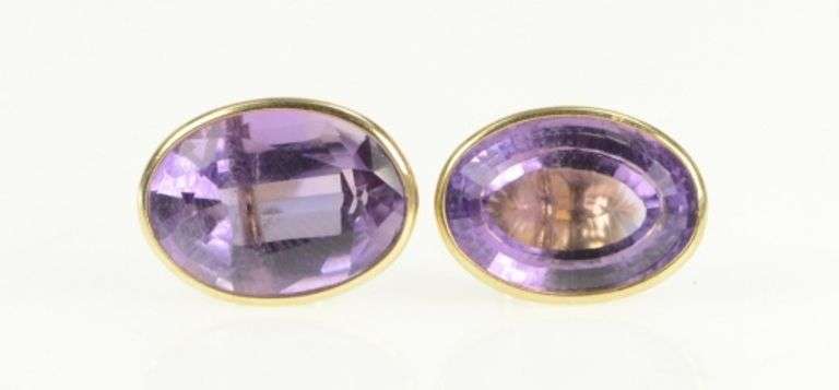 14K Yellow Gold Victorian Inspired Oval Amethyst Vintage Stud Earrings