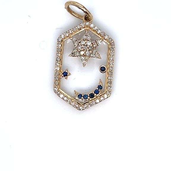 14K YELLOW GOLD CELESTIAL CHARM WITH DIAMONDS AND SAPPHIRES