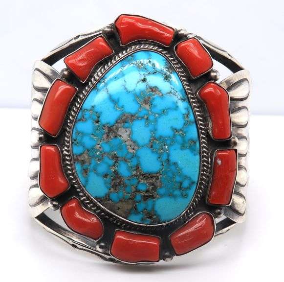 American Indian Najavo Running Bear Turquoise and Coral Cuff