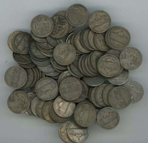 Lot of 100 circulated Silver Jefferson War Nickels: 1942-1945