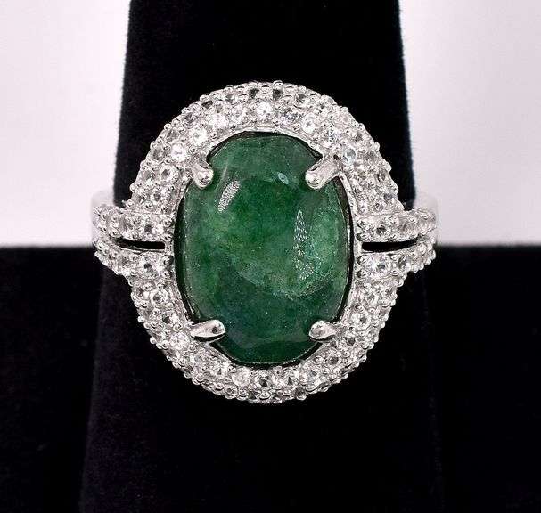Brilliant 6.50CTS Oval Shaped Cabochon-Cut  Emerald & 1.50CTW White Sapphire Ring in Sterling Silver