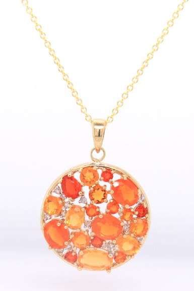 Handsome Yellow Gold Mexican Fire Opal and Diamond Pendant on Chain