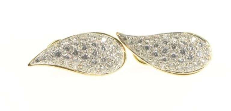 14K Yellow Gold Paisley Pave CZ Encrusted Tear French Clip Earrings