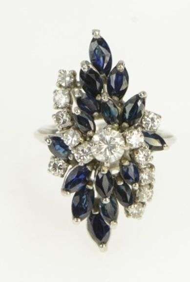 14K White Gold 1950's 3.61 Ctw Diamond Sapphire Cocktail Ring