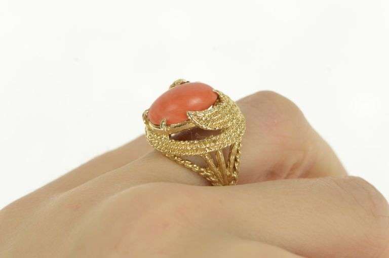 14K Yellow Gold 1950's Coral Rope Vintage Cocktail Statement Ring