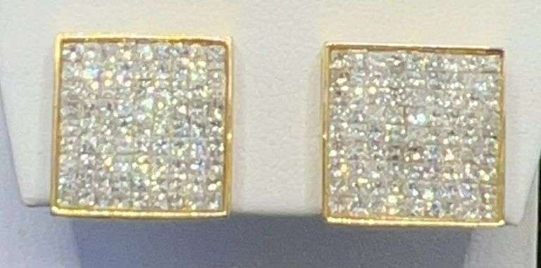 14K YELLOW GOLD MEN'S PRINCESS CUT DIAMOND STUDS IN A BEZEL SETTING