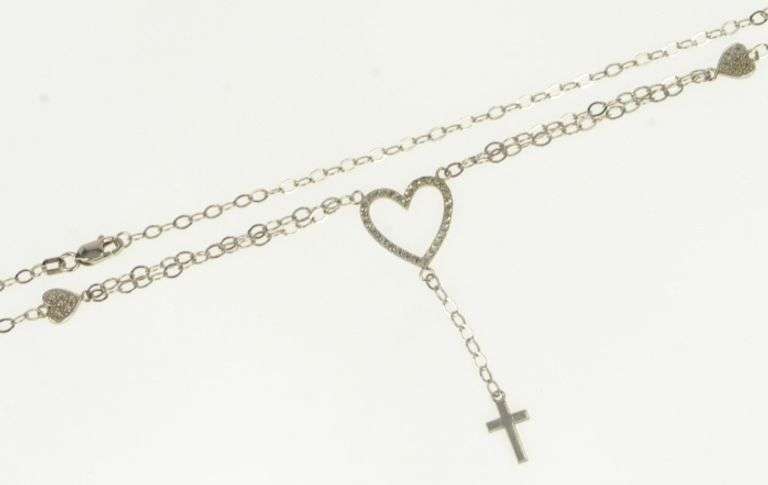 14K White Gold Heart Cross Drop Dangle Christian Chain Necklace