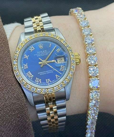 PREOWNED TWO TONE 26MM ROLEX LADIES DATE-JUST ROMAN NUMERALS BLUE DIAL WITH CUSTOM DIAMOND BEZEL| JUBILEE BAND
