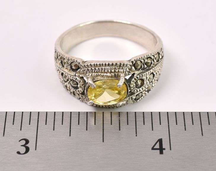 Yellow CZ And Marcasite Gem Ring In Sterling Silver
