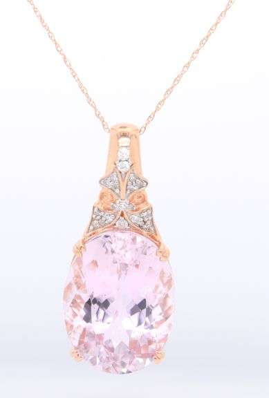 Stunning Rose Gold 15ct Rose De France Quartz and Diamond Pendant on Chain