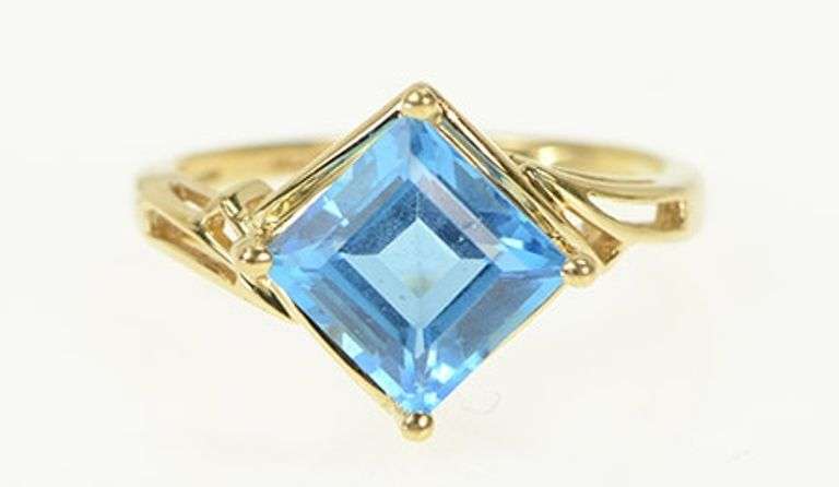 14K White Gold Princess Blue Topaz Statement Bypass Ring