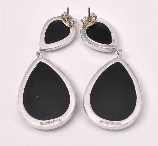 Black Tear Drop Gem Earrings In Sterling Silver