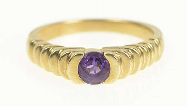 14K Yellow Gold Round Amethyst Vintage Scalloped Statement Ring