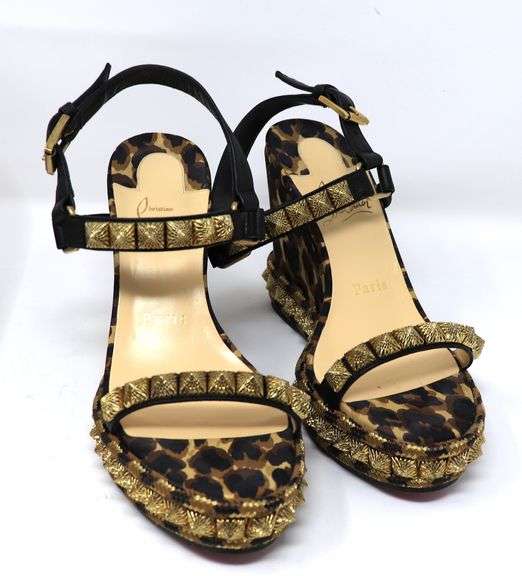 Christian Louboutin Nappa Silk Leopard Pira Ryad 110 Wedge Sandals 36 Black Marron