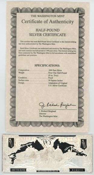 Great Pure 8 Troy Oz .999 fine silver $500 facsimile bar with COA