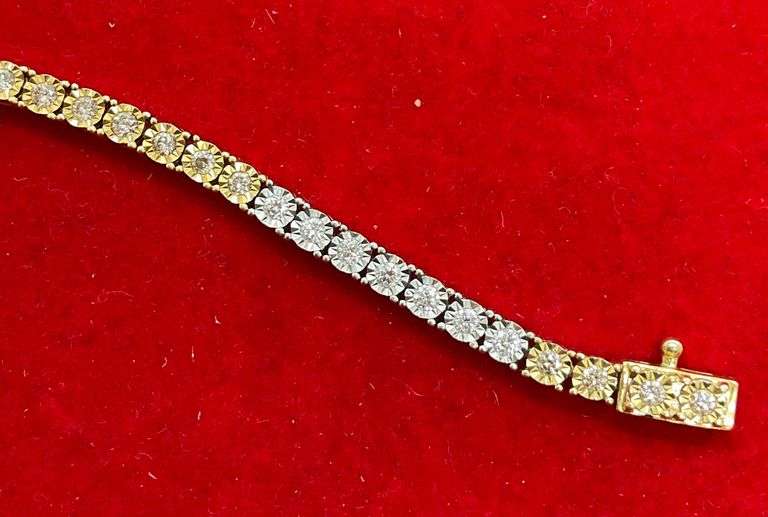 CERTIFIED 14K WHITE AND YELLOW GOLD DIAMOND TENNIS BRACELET. 1.25 CARAT