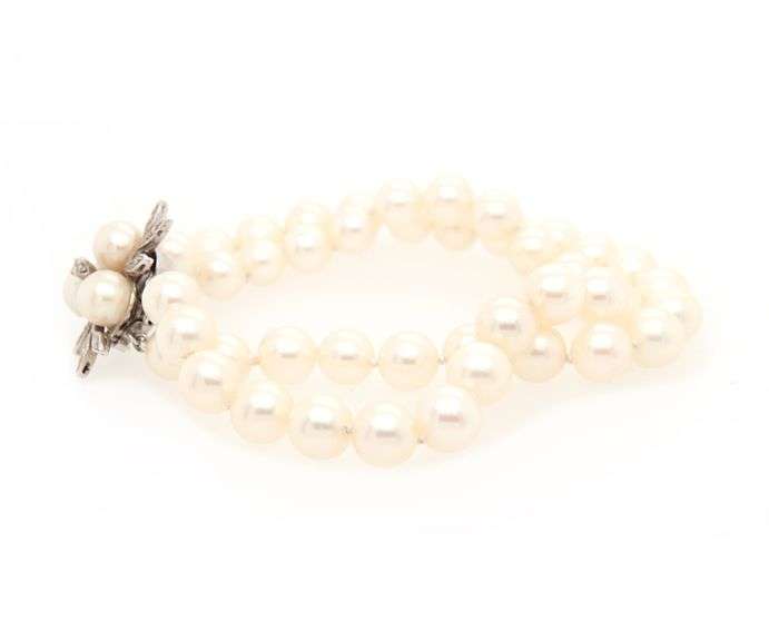 Cultured Pearl and 0.10ctw Diamond Clasp Double Strand Bracelet in 14K