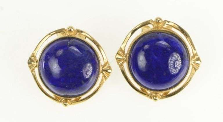 14K Yellow Gold Round Lapis Lazuli Cabochon Vintage Clip Earrings