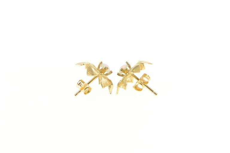 14K Yellow Gold Retro Natural Opal Flower Floral Stud Earrings