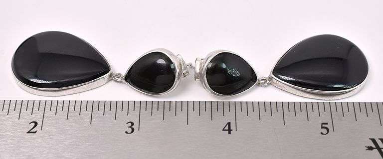 Black Tear Drop Gem Earrings In Sterling Silver