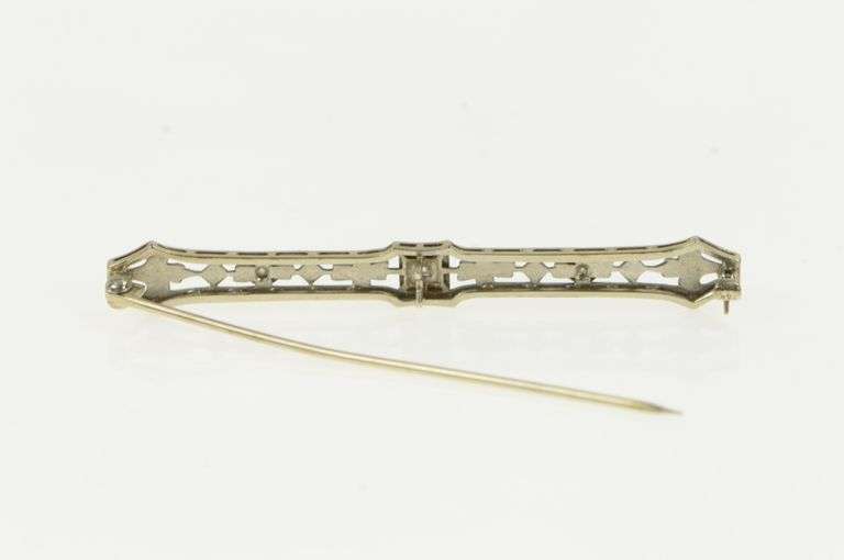 14K White Gold Art Deco Floral Diamond Filigree Ornate Bar Pin/Brooch